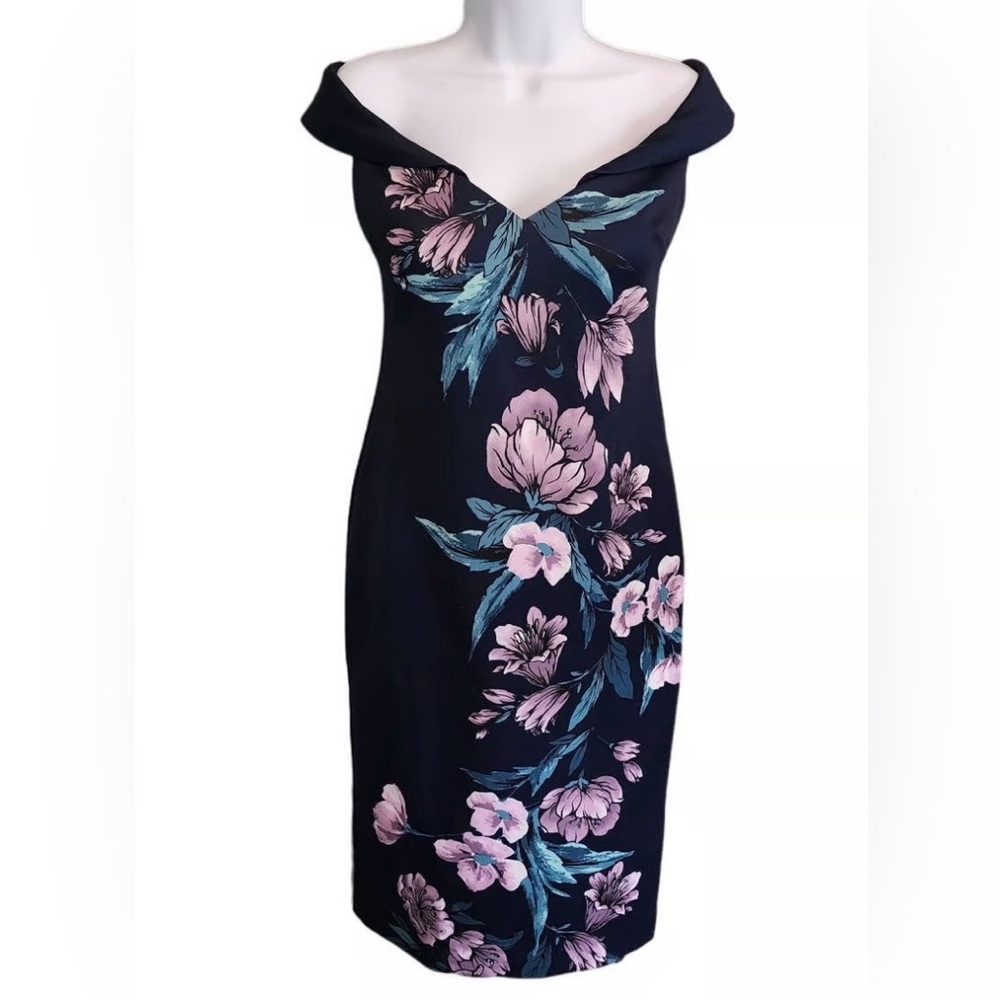 Xscape Pink and Green Off-the-Shoulder Sheath Midi Dress